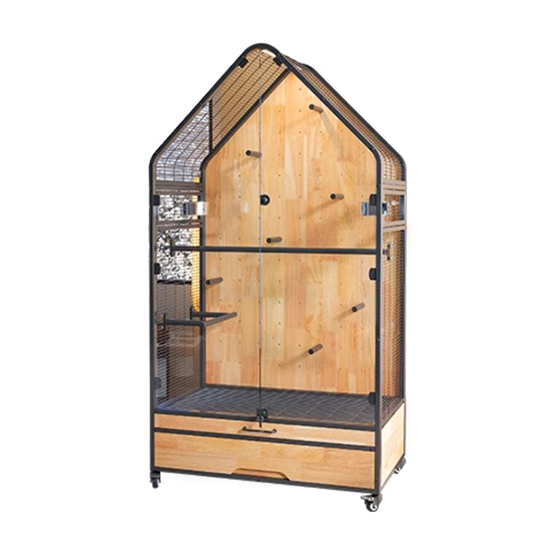 Tre og stålbur stor avtagbar DIY Villa Parrot Bird avlsbur med stativhjul