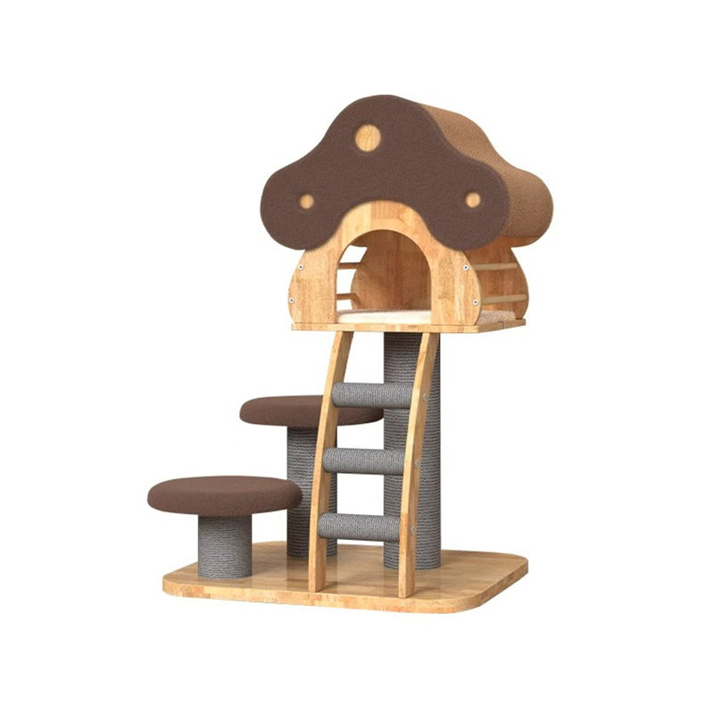Mushroom Shape Condo Tower Wood Climbing Frame Solid Cat Tree With Ladder